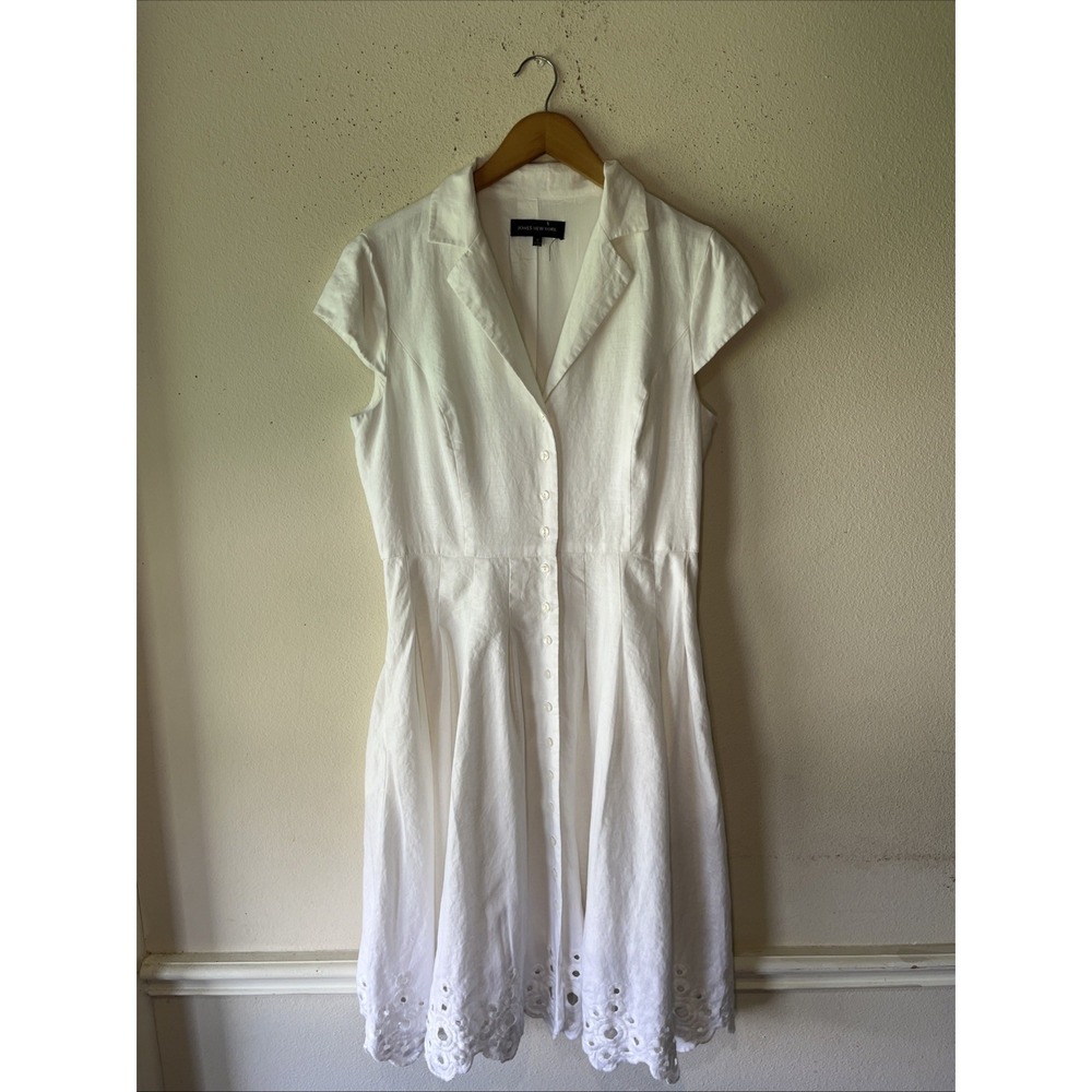 Jones New York Shirt Dress Size 10 Ivory Linen Short Sleeve Lace Hem Cottagecore